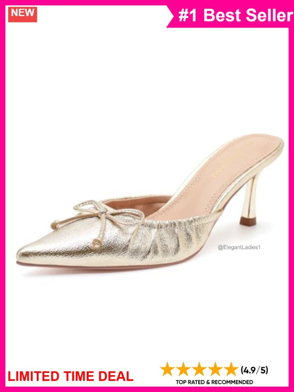 Faux Leather Bow Mule Pointed Toe Kitten Heel Slip On Pumps